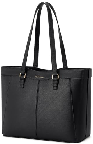 RAINSMORE Handtasche Damen Wasserdichte Shopper Tasche Laptoptasche Damen | 14-Zoll Arbeitstasche Schultertaschen Henkeltasche Tote Bag mit Reißverschluss für Arbeit Schule Einkaufen Business Schwarz