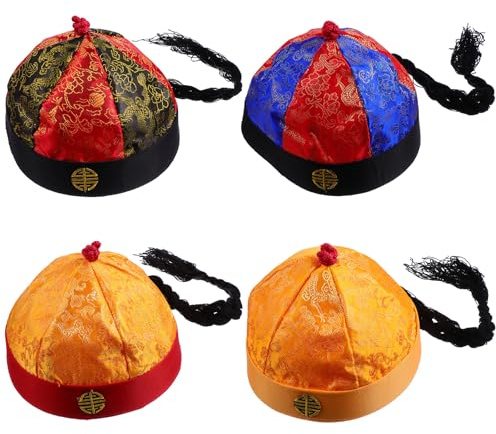 TOYANDONA Lot de 4 Chapeaux Traditionnels Chinois Qing en Brocart Brillant avec Tresses, Taille 9 Adulte Grosse Tête, Accessoires de Cosplay pour Vêtements de Performance et Déguisement