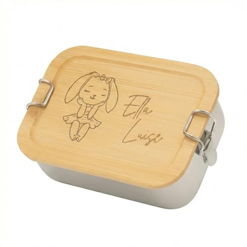 Generisch Personalisierte Lunchbox Edelstahl mit Bambusdeckel - Brotdose mit Gravur & Namen - 850 ml - Bento-Box mit Trennwand, BPA-frei - Geschenk für Kinder & Schule (mittel 850 ml)