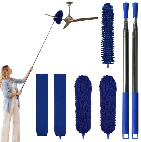 marysgift Feather Duster,Telescopic Dusters for Cleaning Extendable,7 Pcs Bendable Washable Chenille Duster Up to 98.4 in,Long Flat Dusters for Fan High Ceiling Furniture (Blue)