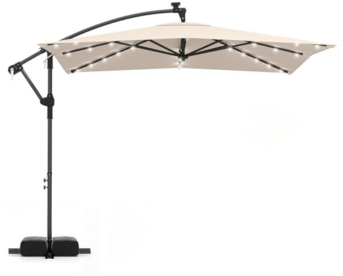 GOPLUS Sombrilla Terraza Exterior 2,5 x2,5m con 32 Luces LED Solares, Parasol Excentrico Jardin Giro de 360°, 8 Varillas, Resistente al Viento y GuardaSol (con Base y LED, Beige, 2,5 M)