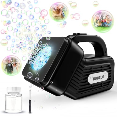 Bärbar bubbelmaskin för barn, automatisk bubbelmaskin 10 000+ bubblor/min med bubbellösning/ljus, bubbelmaskin för barn utomhusbr