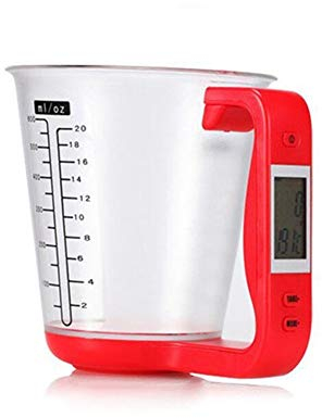 Küchenmessbecher, elektronische Waage, digitale Messbecher-Waage, Wiegegerät, Thermometer mit LCD-Display, Messbecher, Küchenzubehör – Rot