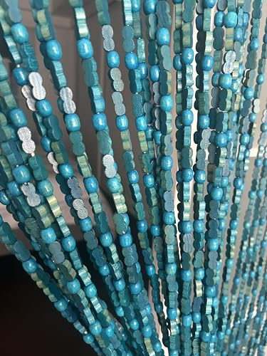 BeadedString Natural Wood and Bamboo Beaded Curtain-77 in high (Blue, 35.5 Wide)