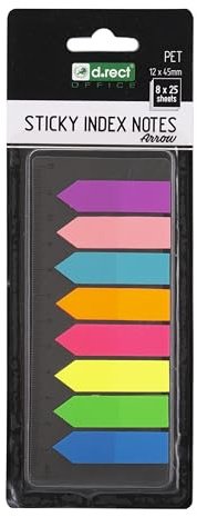 D.RECT Haftstreifen Pagemarker 200 Stück (8 Farben, je 25 Blätter) - Index Haftmarker 12x45mm - Film Textstreifen PET-Folie Pfeile mit Lineale