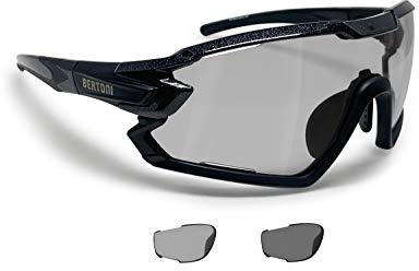 BERTONI Sport Sunglasses Cycling MTB Running Ski Golf Polarized Photochromic with Optical Carrier mod. QUASAR (Black/Photochromic Polarized)