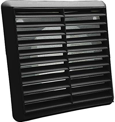 Kair Black Louvred Wall Vent Grille 155mm External Dimension with Flyscreen and Round 100mm - 4 inch Rear Spigot