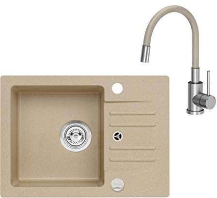 VBChome Spüle mit Armatur 58 x 42 cm Beige Spültischarmatur Granit Einzelbecken Einbauspüle gesprenkelt reversibel Verbundspüle Siphon Drexexcenter Wasserhahn Einhebel