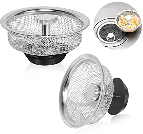 Dualshine Kitchen Sink Strainer with Handle and Stopper Replacement Kitchen Sink Drain Basket/Stopper/Plug 3.3 Inch Stainless Steel Kitchen Sink Drain Strainer Mesh Sifter Filter(?Silver) | 2Pcs Fine Mesh Food Catcher and Drain Plug for Compatible Sink Openings, Silver