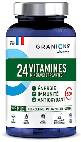 GRANIONS 24 VITAMINES - Multivitamines et Minéraux - Magnesium, Zinc, Vitamine C, Selenium, Coenzyme Q10, Luteine - Energie, Immunité - Vitamines Adultes - 90 Comprimés - 3 MOIS - Fabriqué en FRANCE