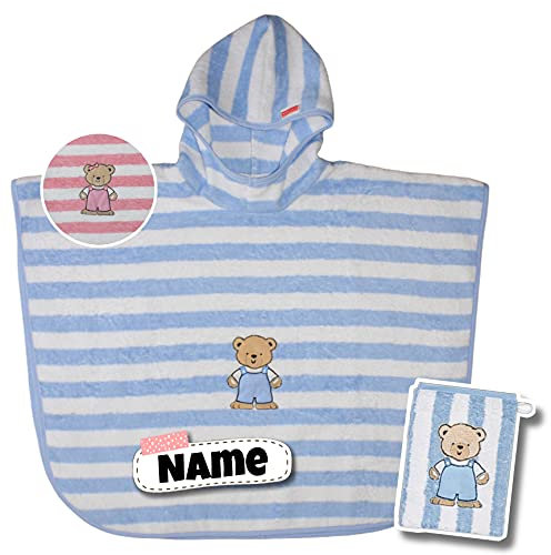 SET Kinder Poncho + Waschlappen personalisiert | 100% Baumwolle | personalisiert mit Namen | Baby Kapuze Bademantel | Badeponcho | Kinder Badetuch | bis 7 Jahre (hellblaue Streifen)