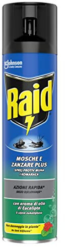 Raid Mosche e Zanzare Spray Insetticida, Antizanzare e Antimosche, Fragranza Eucalipto, Azione Rapida, 1 Confezione da 400ml