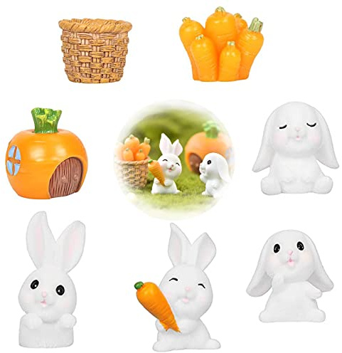 Eterspr 7 Piezas Mini Resina Conejito, Resina Conejos Zanahorias, Minifiguras Conejo Pascua, para Decoración Pascua, Panjing Decorar, Fotografía Accesorios (Blanco)