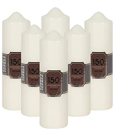 OnlineStreet Church Pillar Candles - Unscented Overdipped White Candles with Long Burning Times of 150 Hours, (Pack of 6), 7 cm