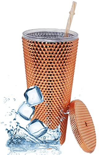 Nadia's Little Treasures Bicchiere con coperchio con cannuccia con borchie, in plastica, a doppia parete, per caffè freddo, acqua, granite o frullati, la tua tazza Home Cinema (700 ml, coperchio