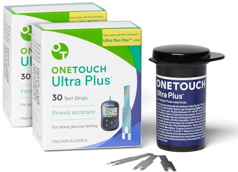 OneTouch Ultra Plus Test Strips - 60 Count - Diabetic Test Strips for Blood Glucose Meter & Daily Blood Sugar Levels - 30 Count/Pack (2 Pack)