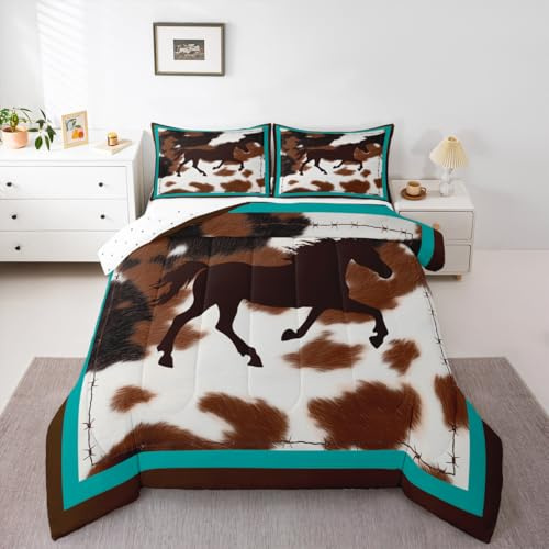 Feelyou Horse Bedding Set Comforter Set Rustic Western Cowboy Cowhide Print Comforter Cover for Boys Girls Bedroom Decor Retro Farmhouse Horse Teal Blue Brown Duvet Set Full Size with 2 Pillow Case