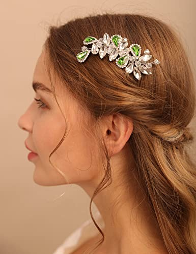 Deniferymakeup Braut-Haarkamm Strass Tropfen-Haarkamm Brautschmuck Kristall Geschenk für Sie Party Kopfschmuck (Silber Grün)
