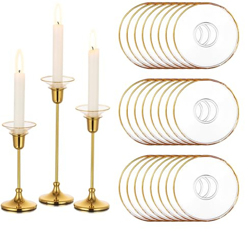 Glasseam Glass Candle Drip Protectors for Candle Stick Holder, Gold Rim Bobeches for Chandeliers Set of 24, Round Bobeche Candle Guards for Taper Candle Holder, Wax Catchers for Candles Dining Room