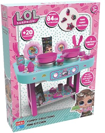 L.O.L Surprise Yummy Creations Mini Kitchen - Kids Pretend Kitchen Role Paying Set with over 20+ Accessories, 3 Tubs of Dough for Kids