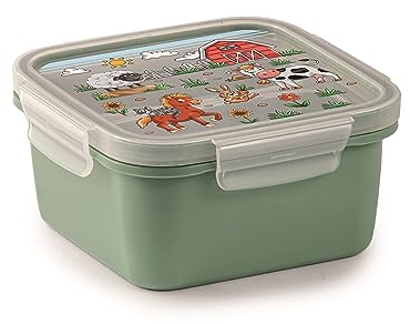 Snips, Fiambrera Cuadrada Decoración Granja, Porta Merienda Niños, Contenedor para Alimentos, Envase Alimentos 0,80 LT, 15 x 15 x 7,5 cm, Made in Italy, 0% BPA