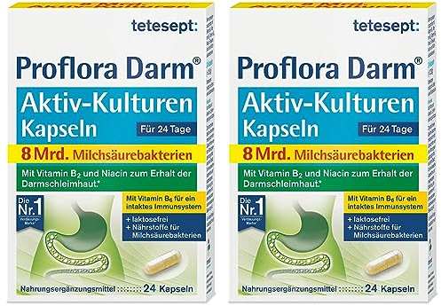 tetesept Proflora Darm Aktiv-Kulturen Kapseln – Nahrungsergänzungsmittel mit 8 Mrd. Milchsäurebakterien, Vitaminen und Inulin – 1 x 24 Kapseln (Packung mit 2)