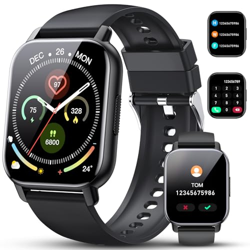 Smartwatch für Herren Damen, 1,85 Zoll Voll Touchscreen Fitnessuhr mit Bluetooth Anrufe, 112 Sportmodi, Herzfrequenzmonitor, Schlafmonitor, Schrittzähler, Kalorien, IP68 Wasserdicht Sportuhr, Schwarz