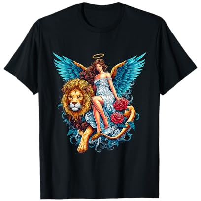 Angel on a Lion Surrounded by Flowers - Beautiful Angel T-Shirt