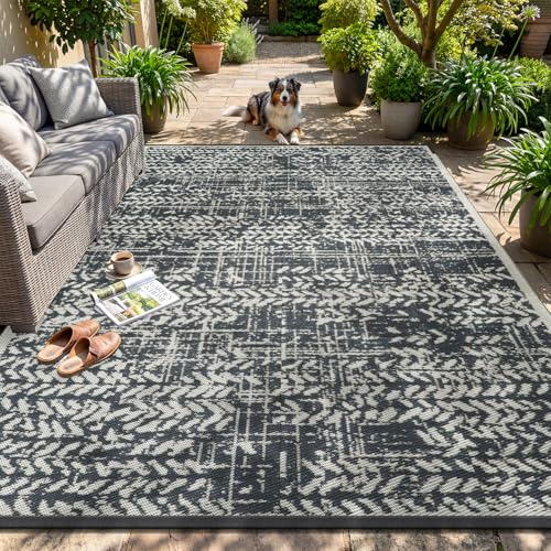 MontVoo Outdoor Rug 8x10 Waterproof-Patio Rug Mat Outdoor RV Camping Picnic Beach Mat Plastic Straw Rugs Outside Outdoor Area Rugs for Balcony Deck Backyard Grey