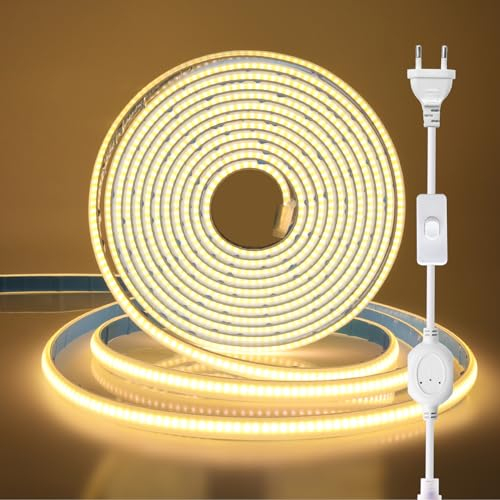 Wisada 220V COB LED Streifen 14M, IP65 LED Band Lichtschlauch Leiste Kette Selbstklebend, 288LEDs/m Flexible Superhell Warmweiß CRI≥85 LED Lichtband mit Schaltstecker für Weihnachten, Hochzeit