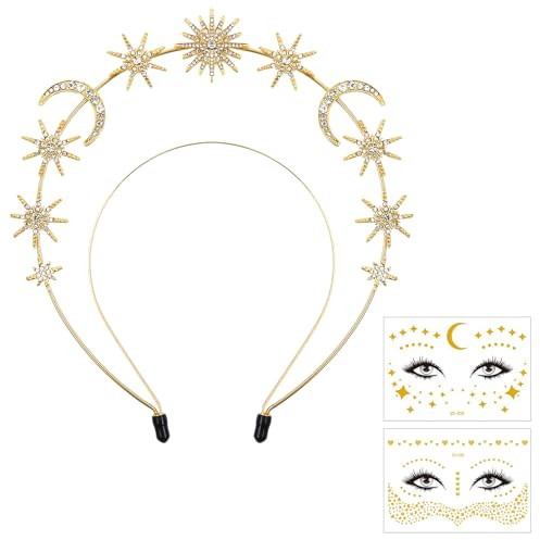 Haarreif Sonne Mond und Sterne, Stern Haarreif Damen | Krone Sterne Kristall Stirnband mit 2 Temporäre Tattoos, Glitzer SonneMond SterneHaarreif Zubehör, für Frauen Boho Karneval