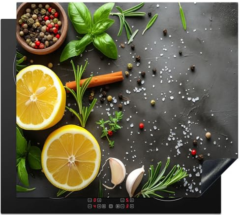 KitchenYeah© Herdabdeckplatte Einteilig Ceranfeld Abdeckplatte Küche Deko | 60x52 cm - Ceranfeldabdeckung Herdabdeckung Induktionsmatte Zitrone - Beton - Pfeffer - Kräuter - Obst