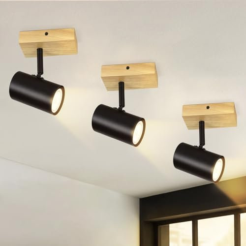 Glitzerlife Deckenstrahler 1 Flammig Deckenleuchte Holz - Deckenspots 3ER Schwarz Metall Retro Flurlampe GU10 350° Wandstrahler industrial Küche für Wohnzimmer Schlafzimmer Flur Ohne Leuchtmittel