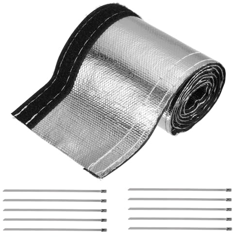 sourcing map Manicotto protettivo termico in argento alluminato 25 mm ID x 100 cm, guaina per cavo termico per tubo flessibile, protezione dal calore con gancio e anello, 10 fascette in acciaio