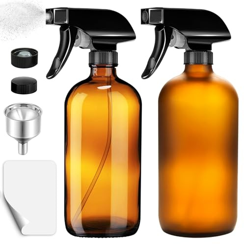 Glass Spray Bottle, 2 Pack 16oz Empty Sprayer with Funnel & Cap & Labels, Large Refillable Mist Bottles for Cleaning, Plant, Essential Oil, Facial Hydration, Water Flower & Hair, (Amber & Frosted)