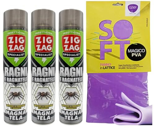 Kit Insetticida: 3x Zig Zag Insetticida Spray MAGNA TELA, Ragni e Ragnatele. Impedisce La Formazione Di Ragnatele 600ml + Panno SOFT In Lattice 30x30