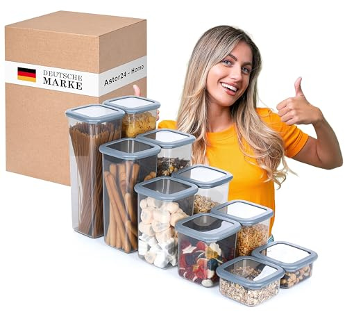 astor24 PREMIUM Vorratsdosen Set mit Deckel Luftdicht | 10er Vorratsbehälter | BPA-FREI | Müsli Mehl und Zucker | 0,5-2 Liter | 5 Größen | Aufbewahrung & Organisation für alle Lebensmittel
