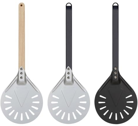 ISCBAFYX Pizza Peel 1 Pcs Pizza Turning Small Pizza Peel Paddle Short Round Pizza Tool Non Slip Wooden Handle 7 8 9 Inch Perforated Pizza Shovel Aluminum Pizza Paddle (Color : 8 inch 97cm)