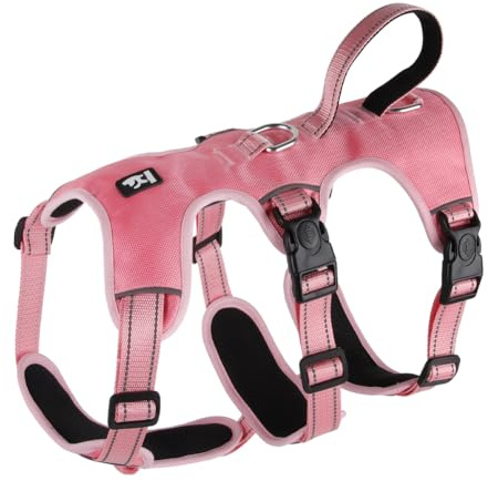FEimaX Anti-drag Traction-hundsele, Justerbar Reflekterande Hundsele för Medelstor och Stor med Kontrollhandtag och Metallringar, Andningsbar, Vadderad Hundväst, Rosa, L