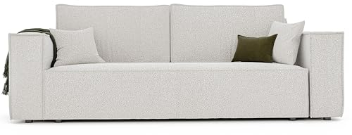 GREKPOL Schlafsofa mit Bettkasten 240x105 - Bouclé Beige Sofa mit schlaffunktion - Couch mit Schlaffunktion - Sofa 3 Sitzer - Wohnzimmer Couch - Schlafcouch