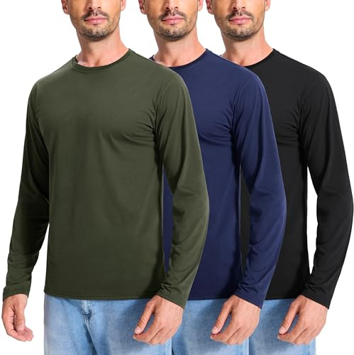 3 Pack Men's Cotton Long Sleeve T-Shirts Plain Crew Neck Tee Lightweight Basic Layer Shirts Tops Slim Fit