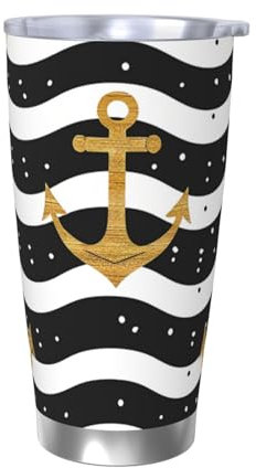 Mexpekil Isolierter Reisebecher, Eiskaffeetasse, Reisebecher, Edelstahl, Smoothie-Tasse, Auto-Kaffeetasse, goldenes Boot, Anker, Becher mit Deckel, ohne Strohhalm, 590 ml