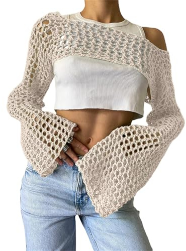 Coprispalle da donna in rete all'uncinetto, sexy, traforato, lavorato a maglia, per vedere attraverso la spiaggia, Beige, L