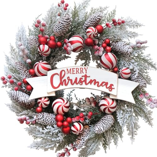 Egolot 24 Inch Artificial Christmas Wreath for Front Door with Balls Berries Frost Pine Needles Pine Cones Christmas Decorations for Indoor Outdoor Wall Window Home Holiday Xmas Decor