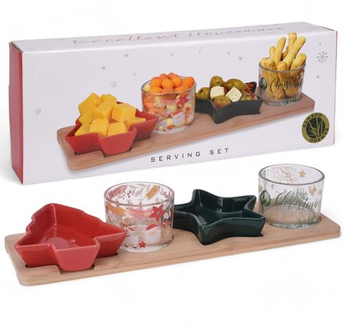 MIJOMA Servierset Weihnachten X-MAS – 5-teiliges Festliches Holzbrett mit Porzellan- und Glasschalen – Perfekt für Tapas, Käse, Dips und Süßigkeiten