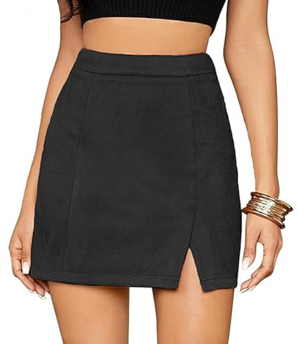 fdsmall Gonne da donna in finta pelle scamosciata a vita alta, gonna aderente mini minigonne con spacco laterale, gonna corta a matita con cerniera, gonna skinny per discoteca, Nero , M