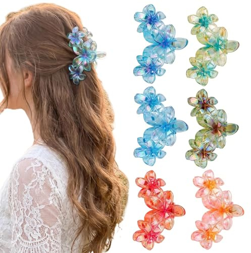 FFWTPY 6 Stück Blumen Haarklammer Frauen Mädchen Große Bunt Blume Hawaii Haarspange Rutschfeste Haarklammer Claw Clip Haarklammern Friseurbedarf für Dickes & Dünnes Haar
