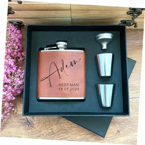 Petaca personalizada, frasco de cuero para padrinos de boda, frasco grabado, petaca de piel grabada a medida, 226.8 g, regalo para novio, frasco para hombre, frasco personalizado para marido