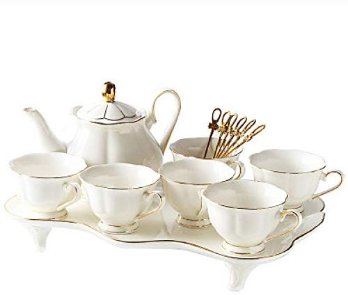 KWMAEEUID Juego de té con Tetera para Adultos, Juego de Tazas de café y té de Porcelana, Tazas de té con cucharas, Tetera Blanca, Bandeja para Servir