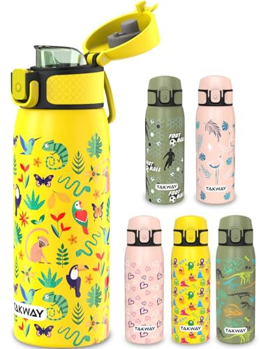 TAKWAY Edelstahl Trinkflasche Kinder 550ml - Auslaufsicher, isoliert und Kohlensäure geeignet - Flasche für Schule, Sport (Dschungel)